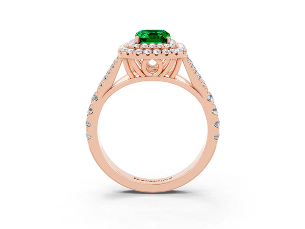 Rose gold Emerald Cut Emerald Pavé Split Shank Double Halo Engagement Ring