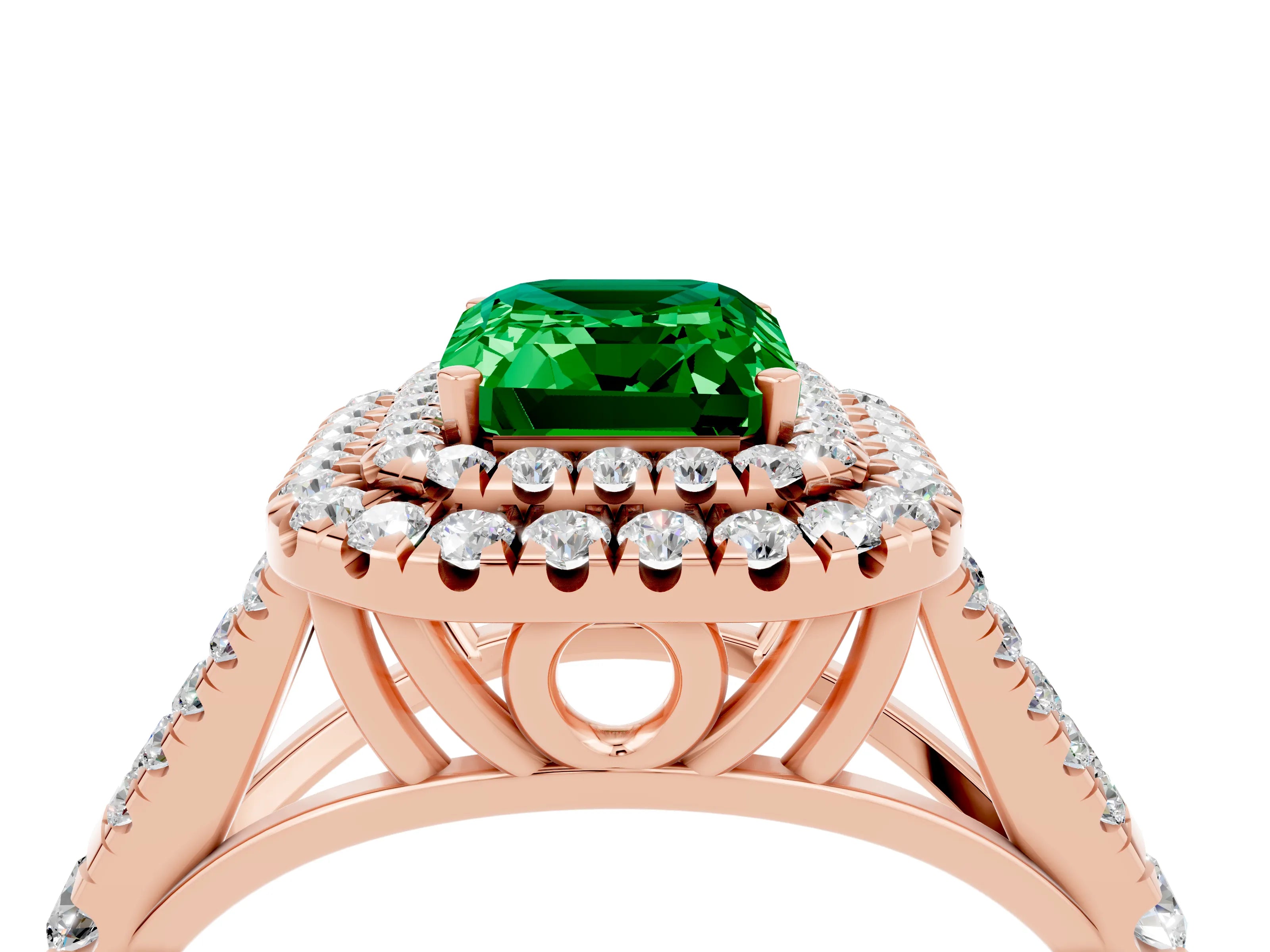 Rose gold Emerald Cut Emerald Pavé Split Shank Double Halo Engagement Ring_4