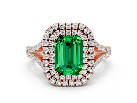 Rose gold Emerald Cut Emerald Pavé Split Shank Double Halo Engagement Ring