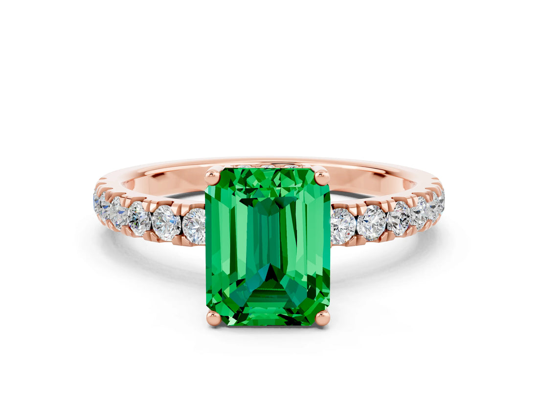 Rose gold Emerald Cut Emerald Pave Band Solitaire Ring with Four-Prong Setting_24