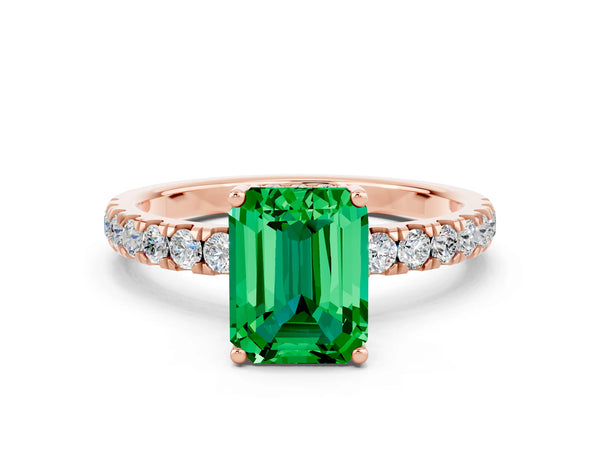 Rose gold Emerald Cut Emerald Pave Band Solitaire Ring with Round  and Prong Setting