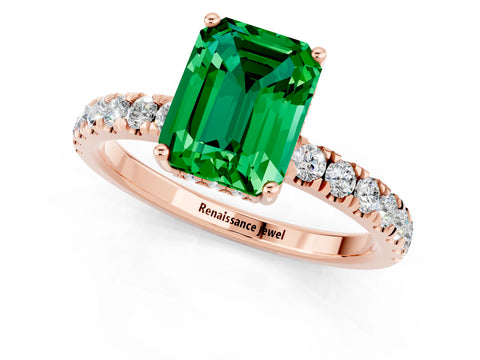 Rose gold Emerald Cut Emerald Pave Band Solitaire Ring with Four-Prong Setting_25