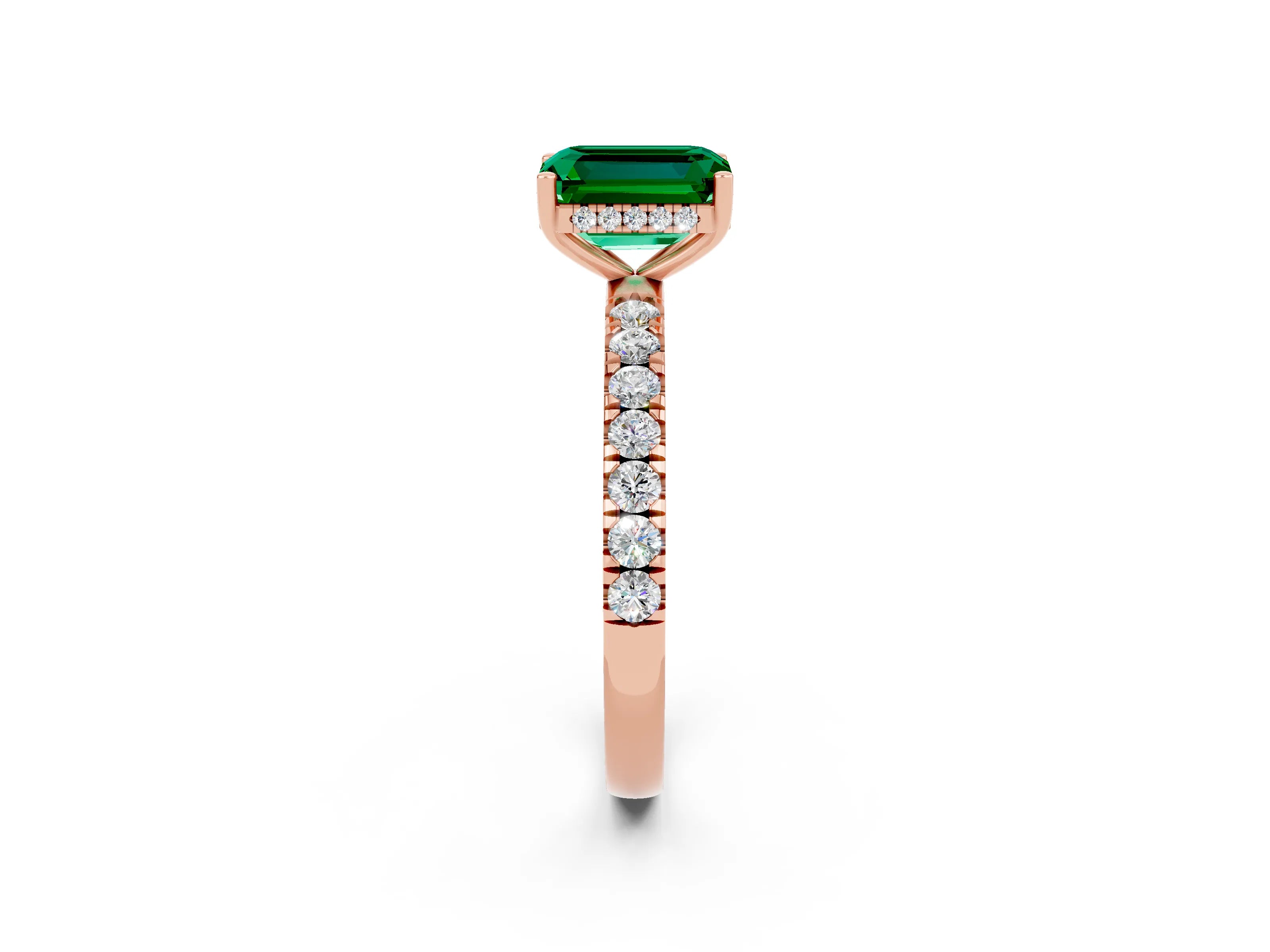 Rose gold Emerald Cut Emerald Pave Band Solitaire Ring with Four-Prong Setting_26