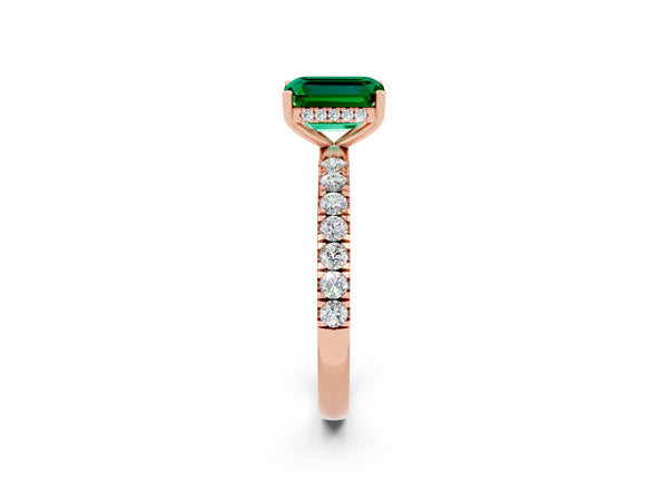 Rose gold Emerald Cut Emerald Pave Band Solitaire Ring with Round  and Prong Setting