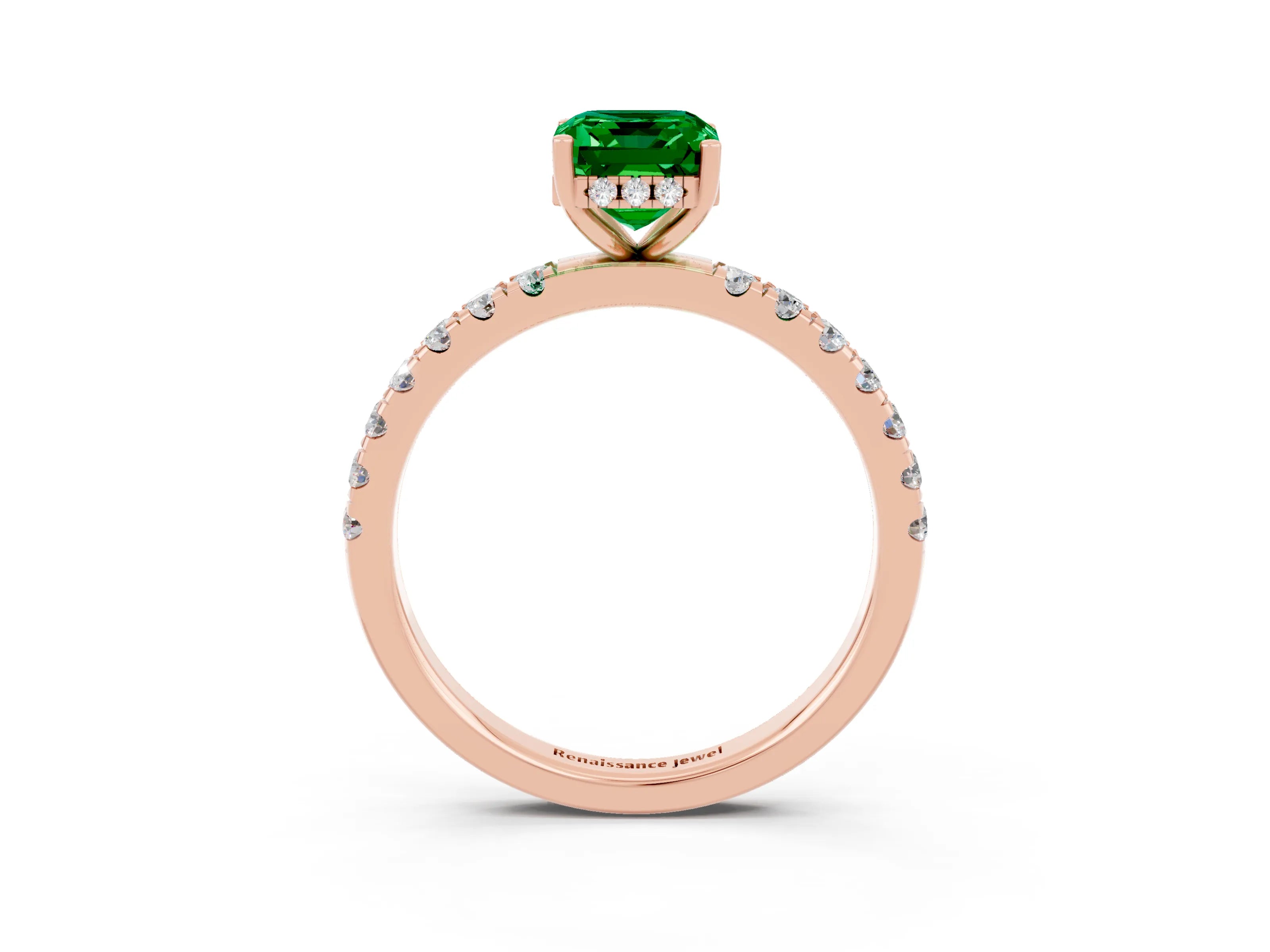 Rose gold Emerald Cut Emerald Pave Band Solitaire Ring with Four-Prong Setting_27