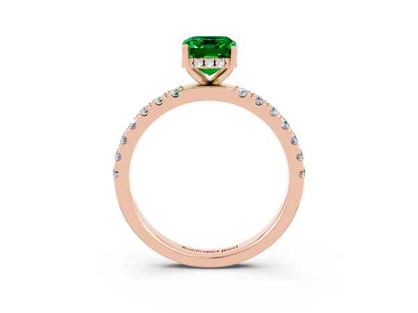 Rose gold Emerald Cut Emerald Pave Band Solitaire Ring with Round  and Prong Setting