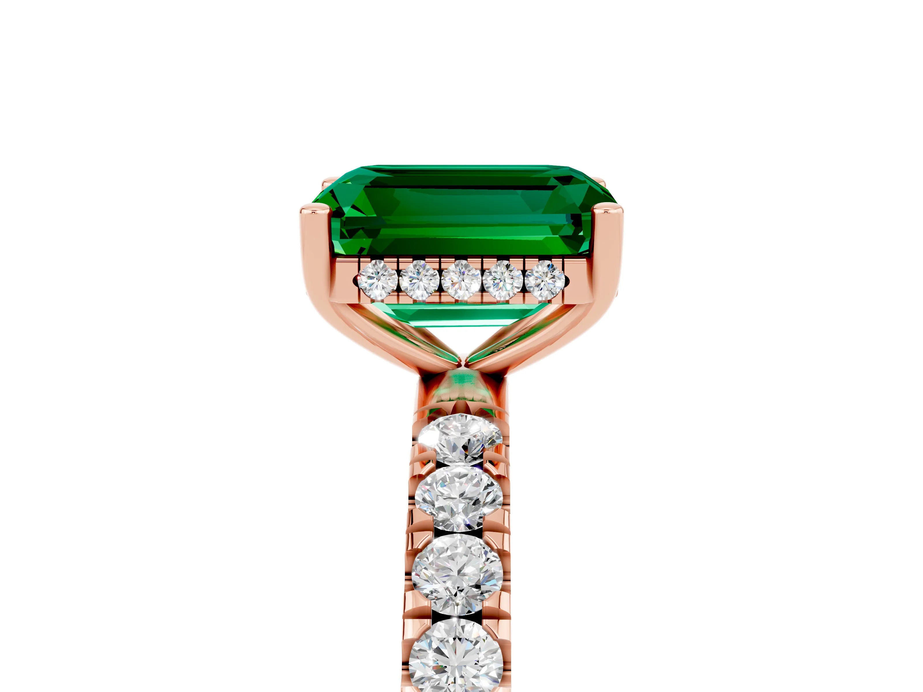 Rose gold Emerald Cut Emerald Pave Band Solitaire Ring with Four-Prong Setting_29