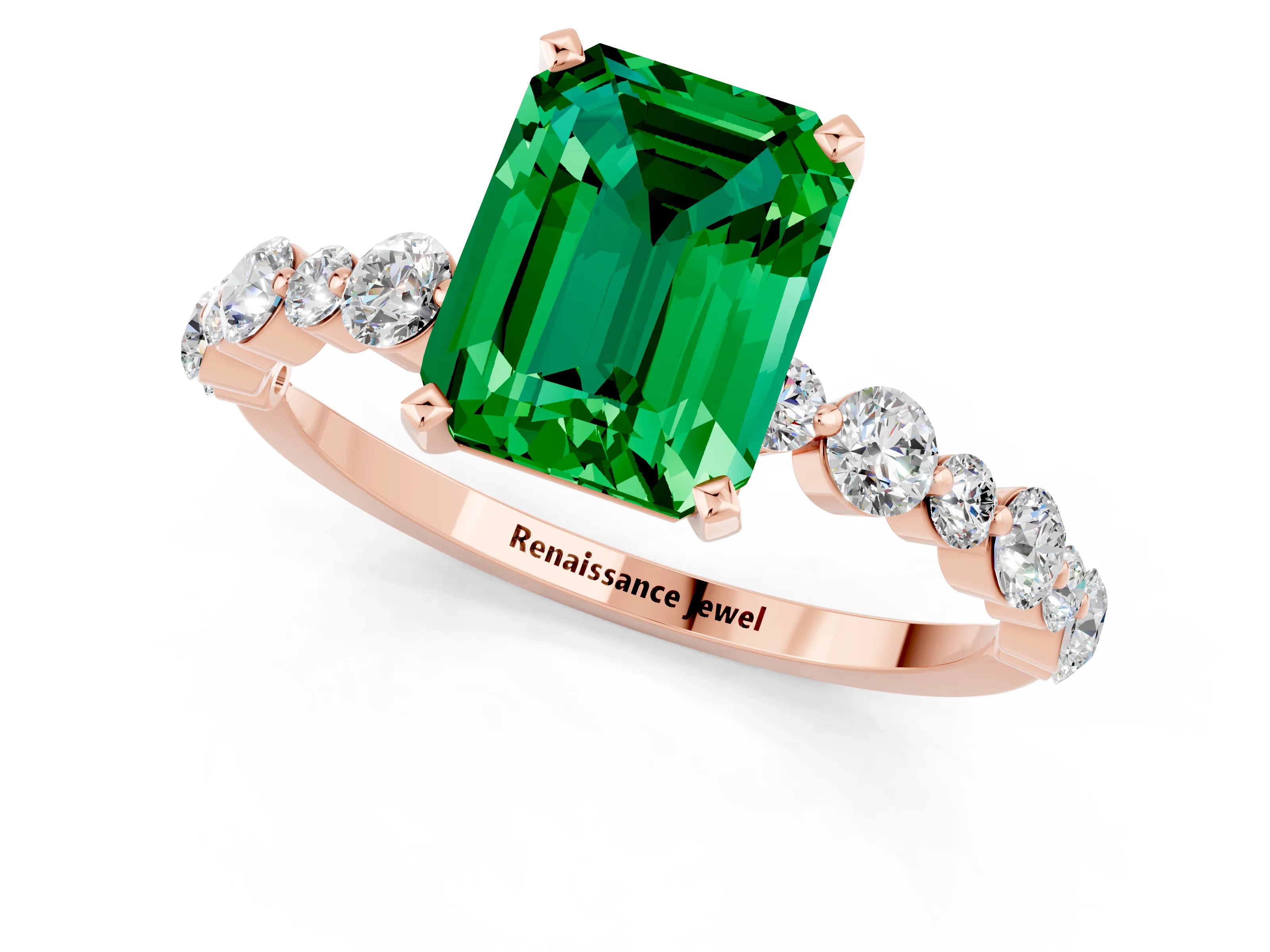 Rose gold Emerald Cut Emerald Prong Set Engagement Ring with Pavé Band_1