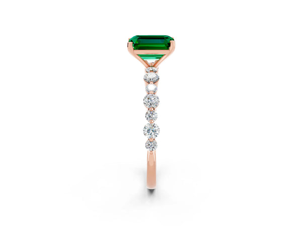 Rose gold Emerald Cut Emerald Prong Set Engagement Ring with Pavé Band