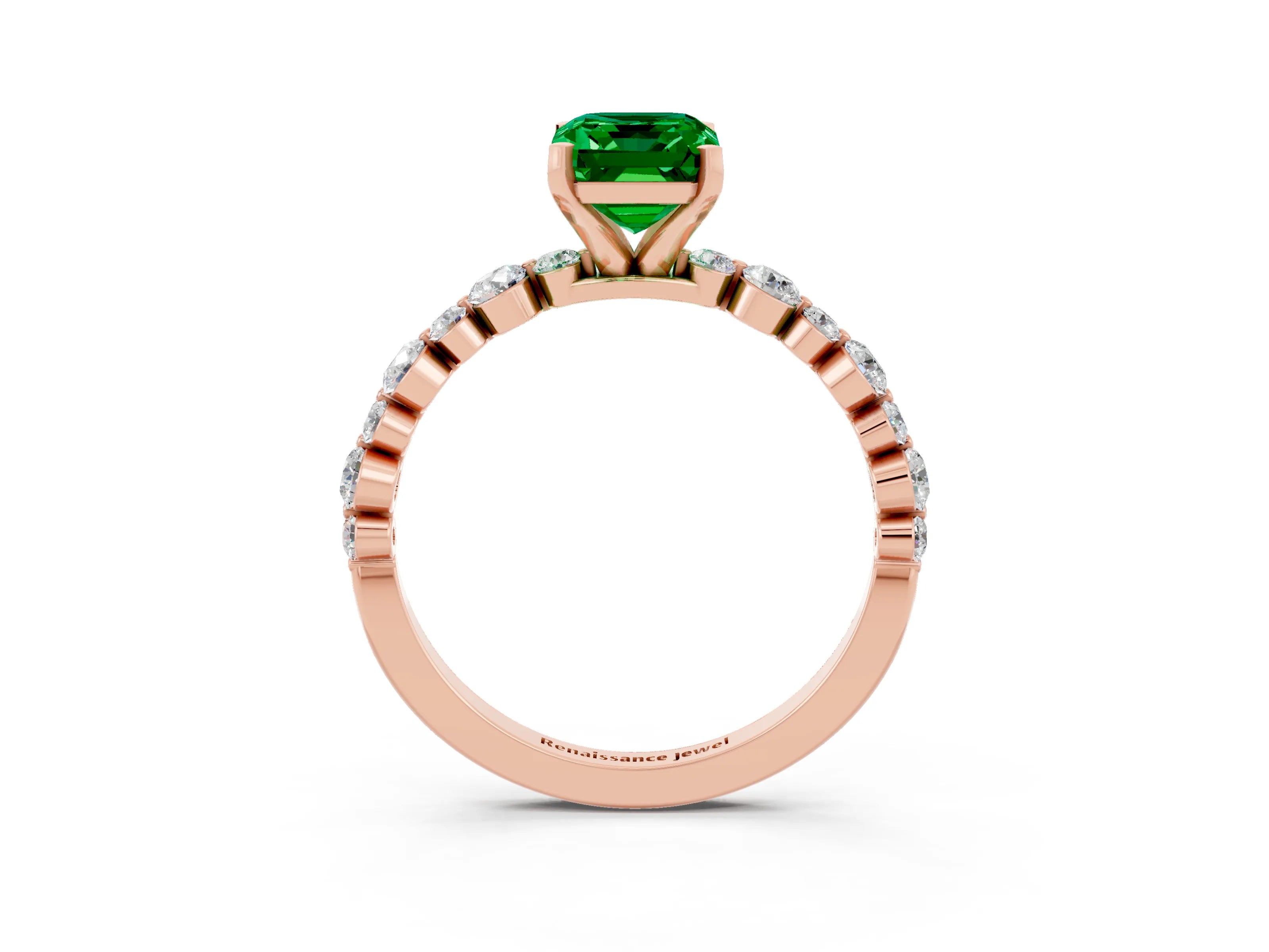 Rose gold Emerald Cut Emerald Prong Set Engagement Ring with Pavé Band_3