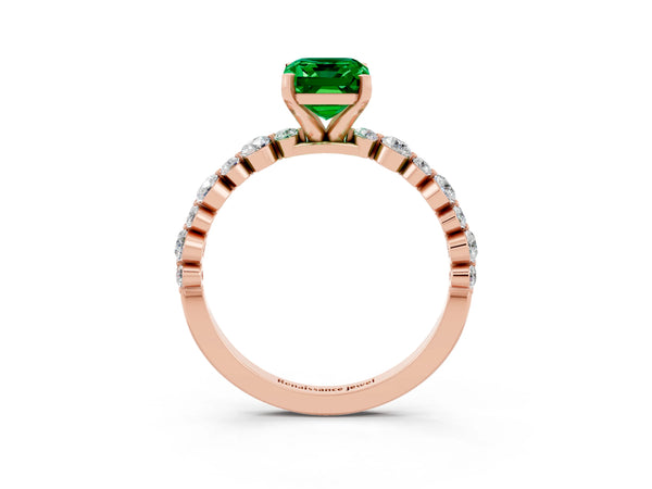 Rose gold Emerald Cut Emerald Prong Set Engagement Ring with Pavé Band
