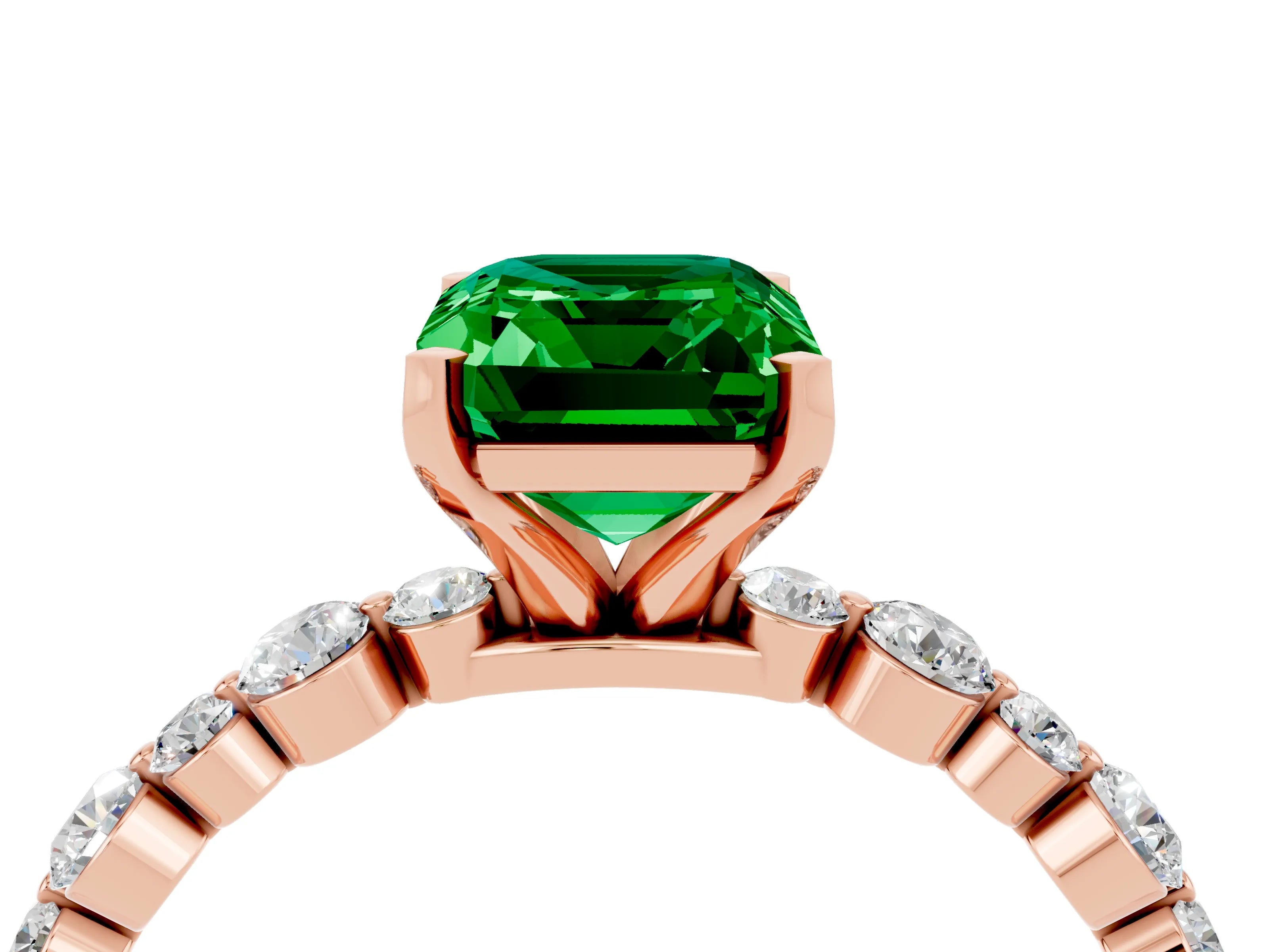 Rose gold Emerald Cut Emerald Prong Set Engagement Ring with Pavé Band_4