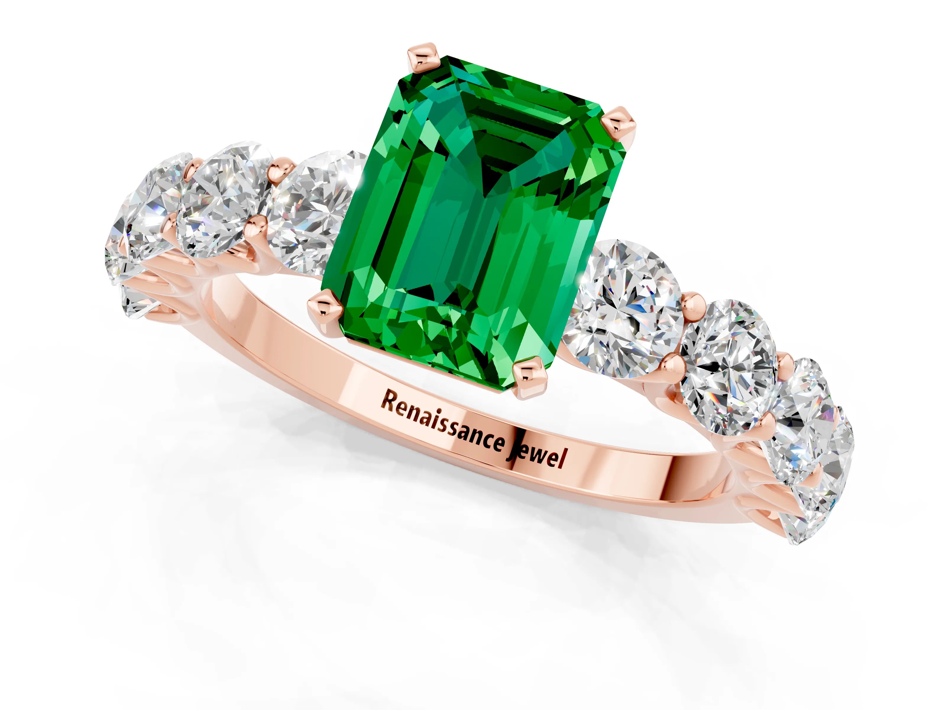 Rose gold Emerald Cut Emerald Prong Setting with Side Stones on a Pave Band_1