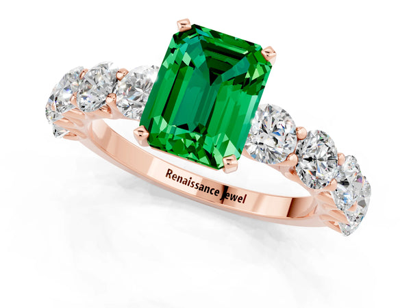 Rose gold Emerald Cut Emerald Prong Setting with Side Stones on a Pave Band
