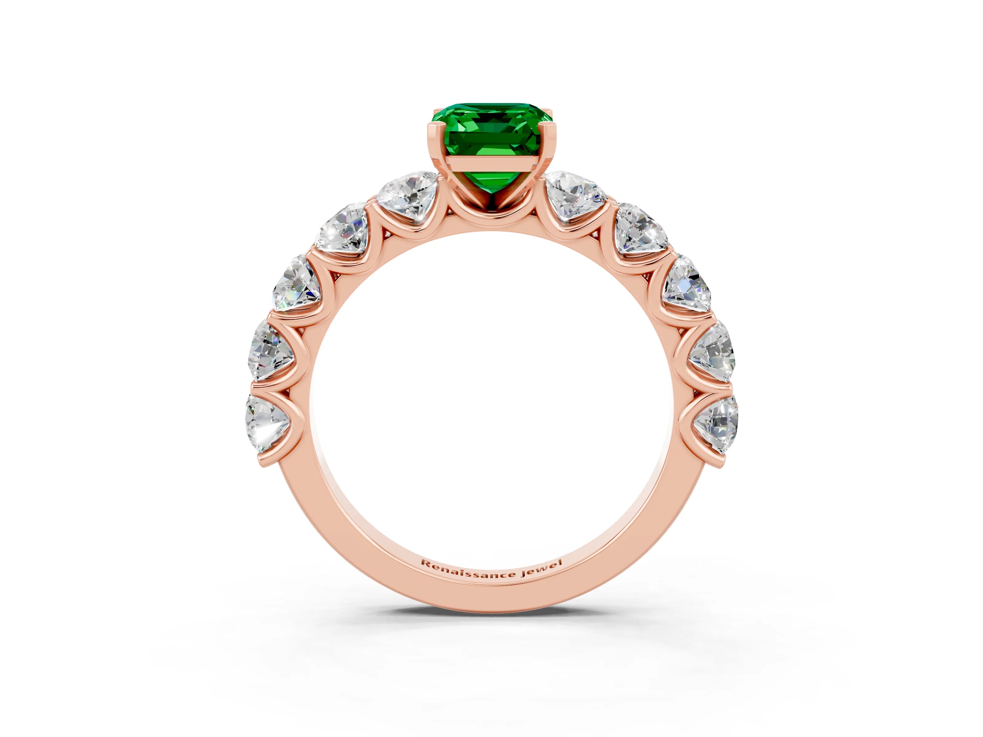 Rose gold Emerald Cut Emerald Prong Setting with Side Stones on a Pave Band_3