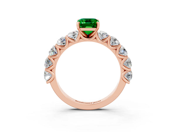 Rose gold Emerald Cut Emerald Prong Setting with Side Stones on a Pave Band