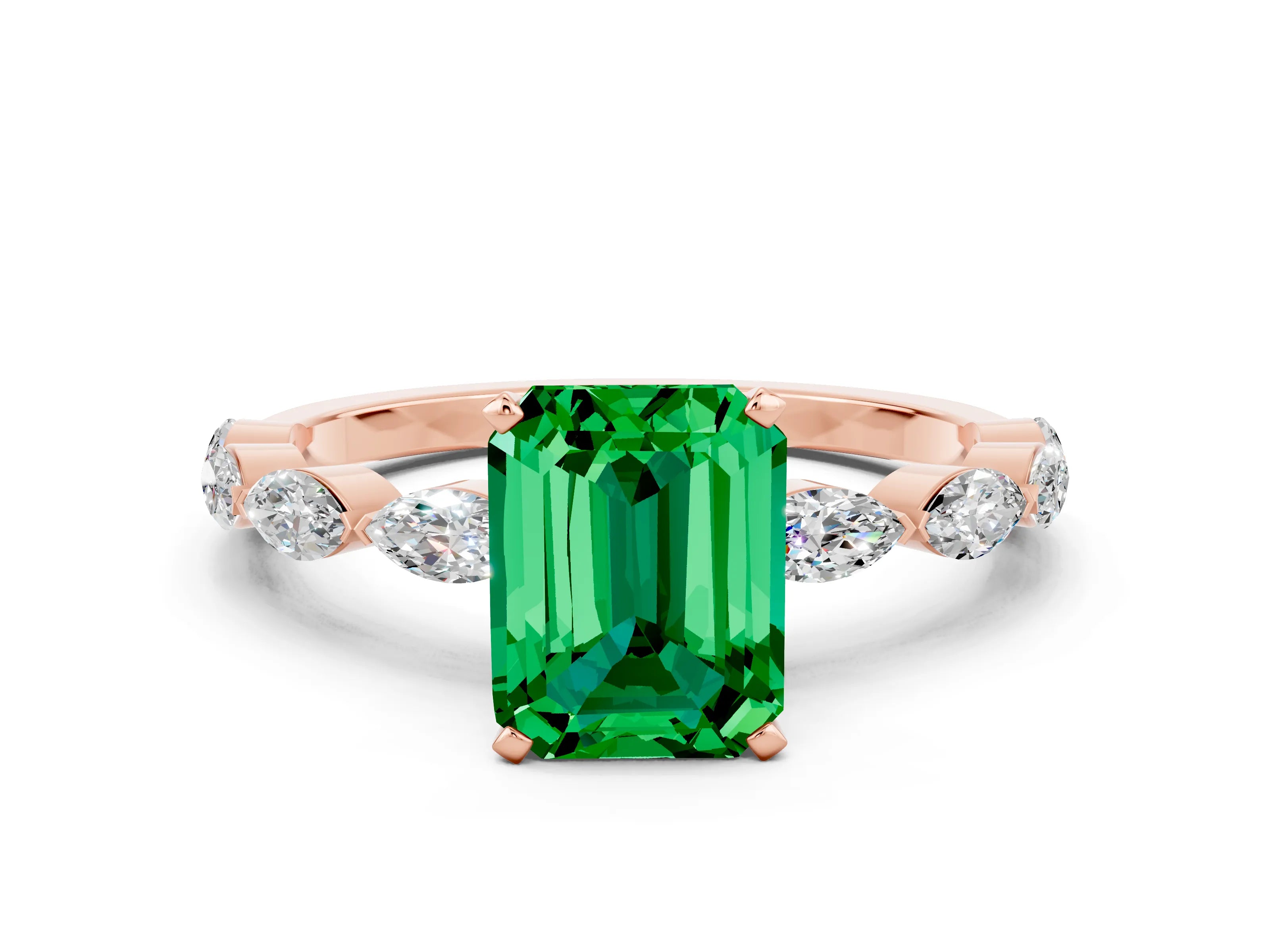 Rose gold Emerald Cut Emerald Ring with Marquise Side Stones and Prong Setting