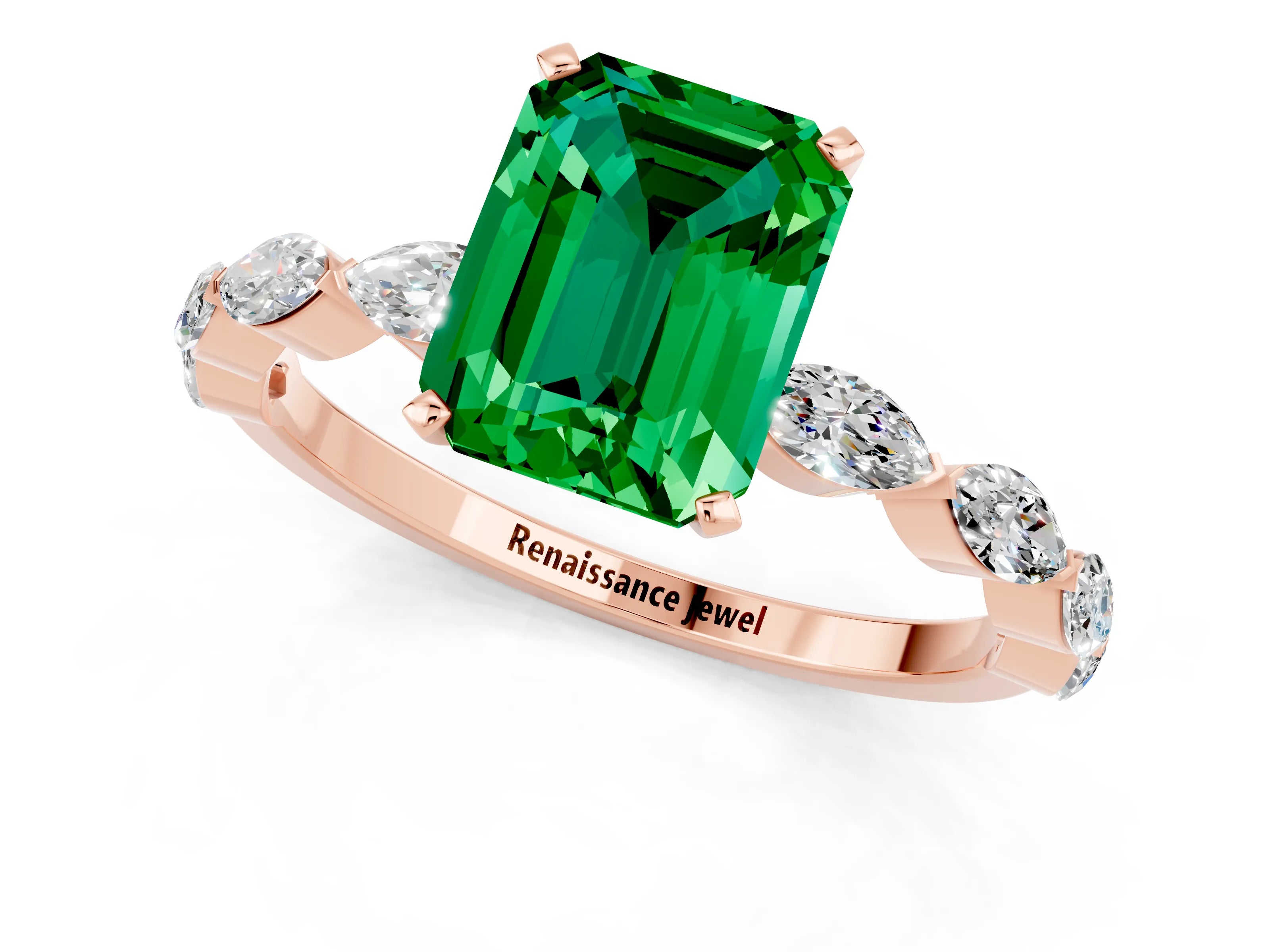 Rose gold Emerald Cut Emerald Ring with Marquise Side Stones and Prong Setting_1