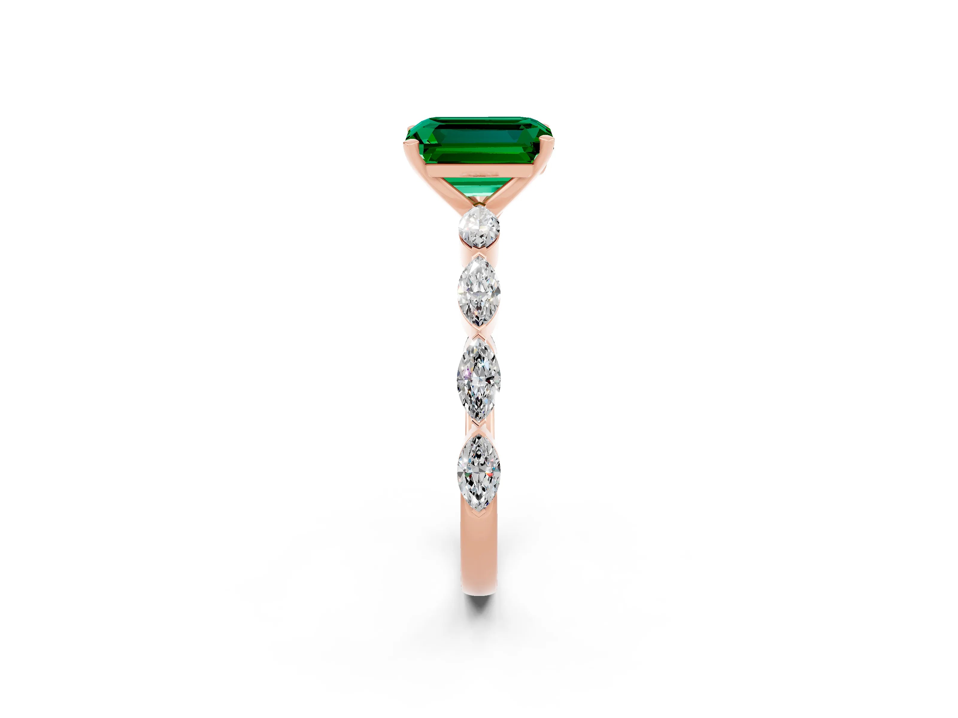 Rose gold Emerald Cut Emerald Ring with Marquise Side Stones and Prong Setting_2