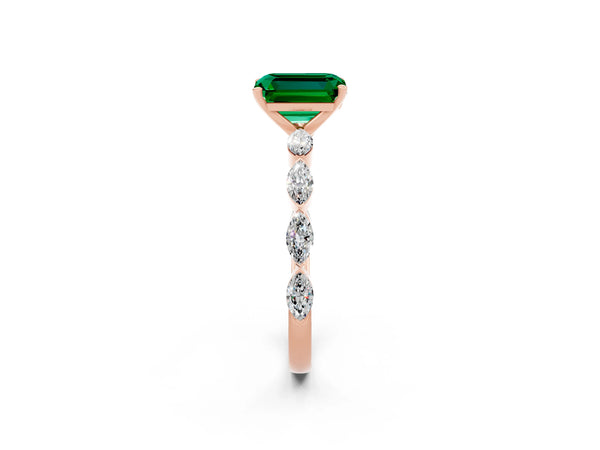 Rose gold Emerald Cut Emerald Ring with Marquise Side Stones and Prong Setting