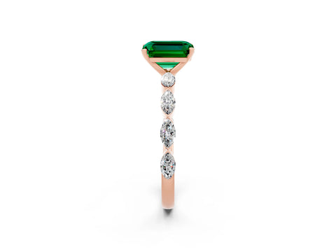 Rose gold Emerald Cut Emerald Ring with Marquise Side Stones and Prong Setting_2