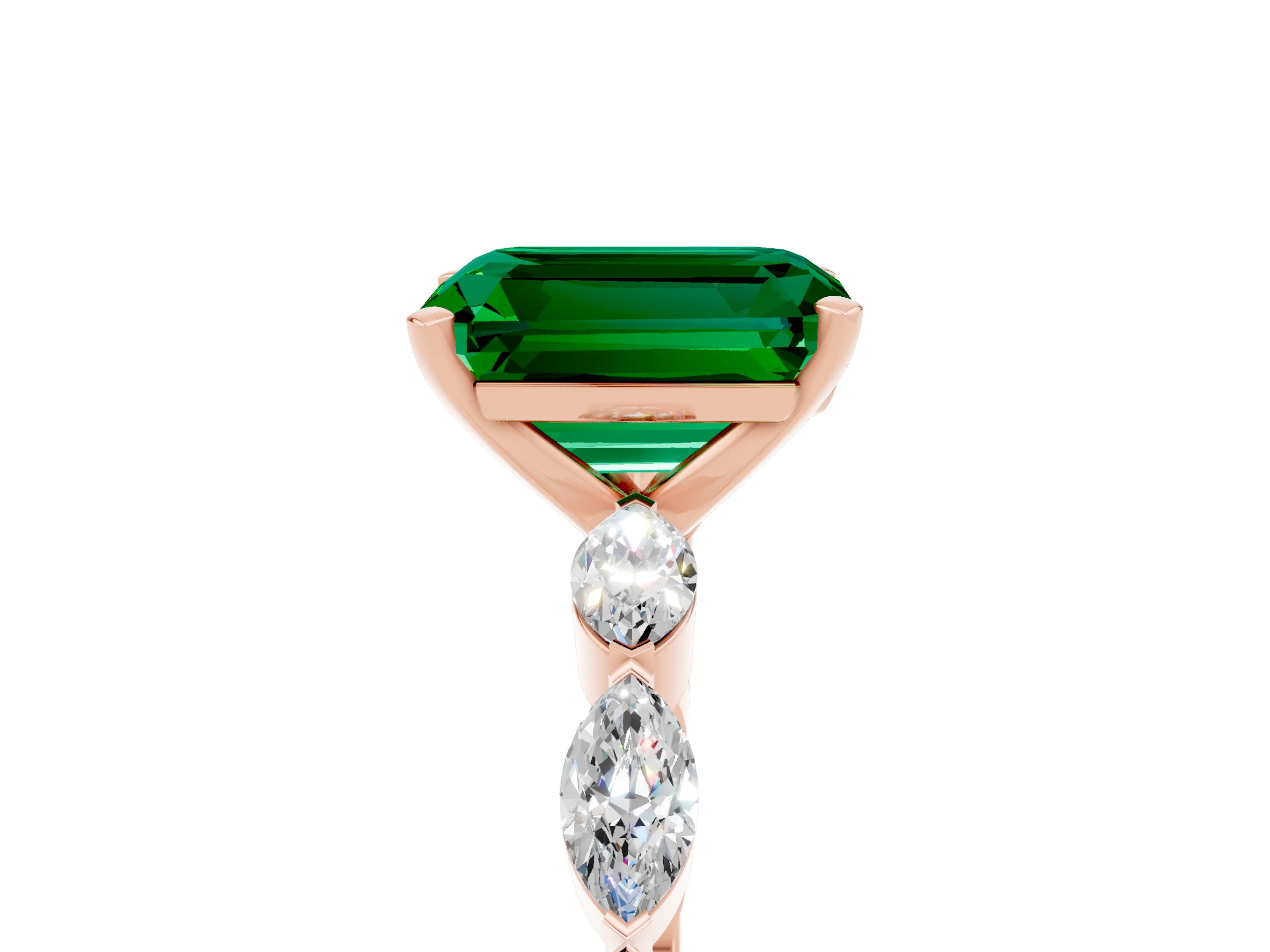 Rose gold Emerald Cut Emerald Ring with Marquise Side Stones and Prong Setting_5