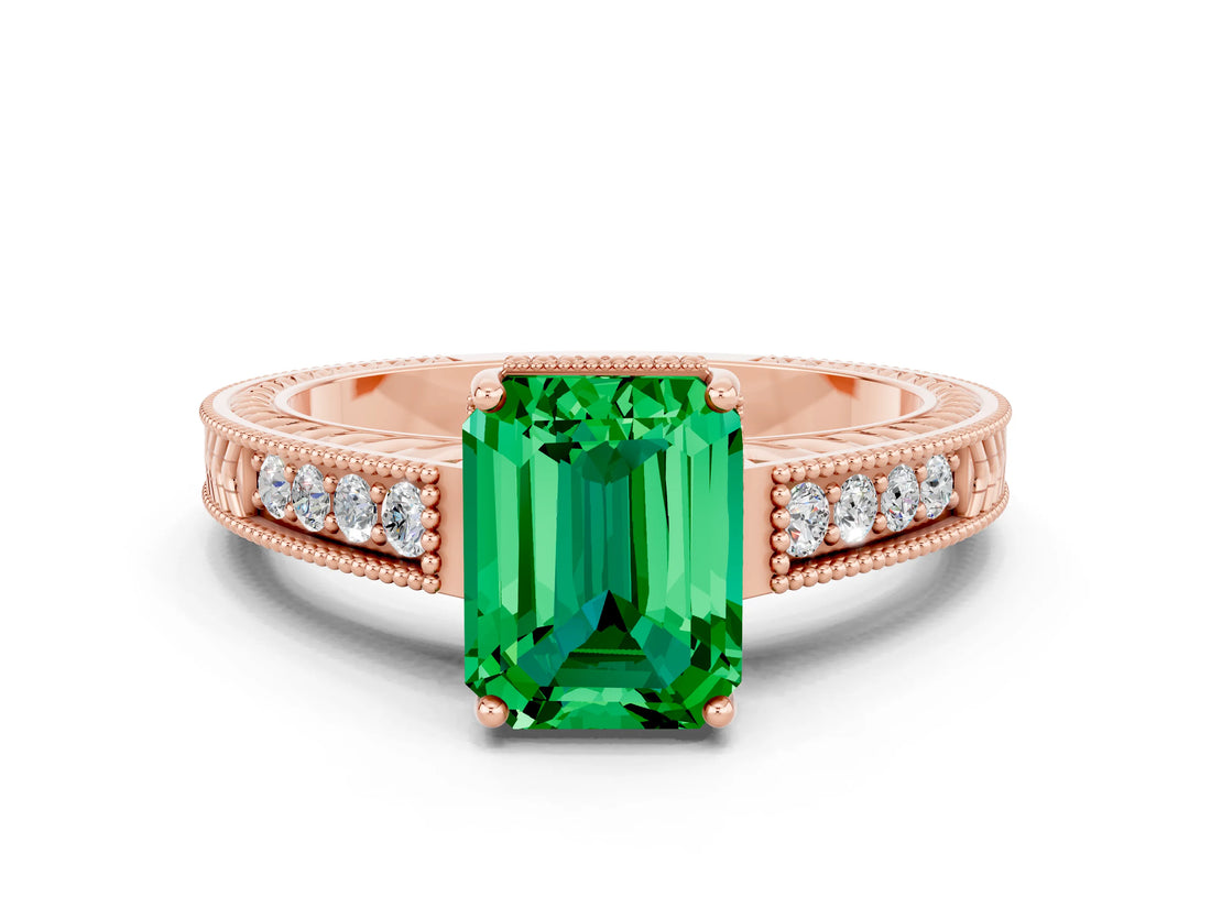 Rose gold Emerald Cut Emerald Ring with Milgrain Pavé Band and Four-Prong Setting_12