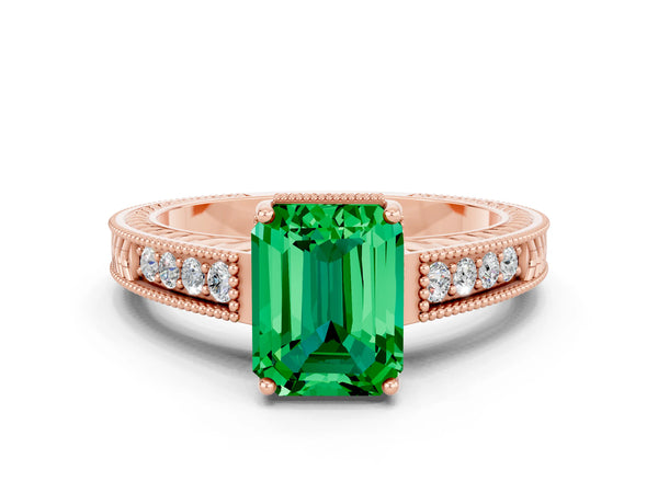 Rose gold Emerald Cut Emerald Ring with Milgrain Pavé Band and Four-Prong Setting