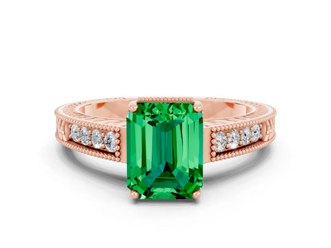 Rose gold Emerald Cut Emerald Ring with Milgrain Pavé Band and Four-Prong Setting_12