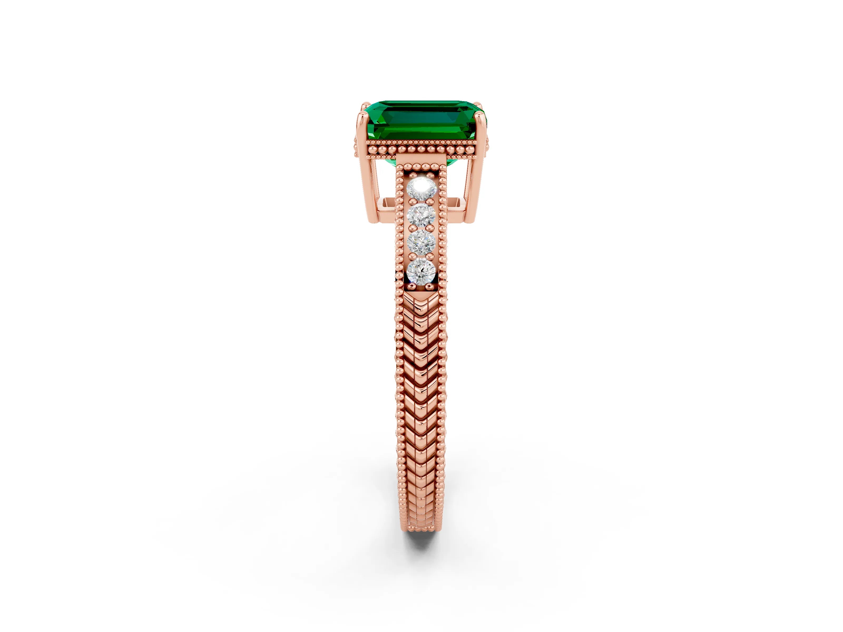 Rose gold Emerald Cut Emerald Ring with Milgrain Pavé Band and Four-Prong Setting_14