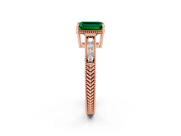 Rose gold Emerald Cut Emerald Ring with Milgrain Pavé Band and Four-Prong Setting
