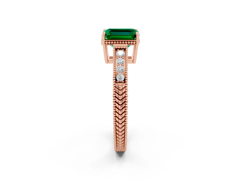 Rose gold Emerald Cut Emerald Ring with Milgrain Pavé Band and Four-Prong Setting_14