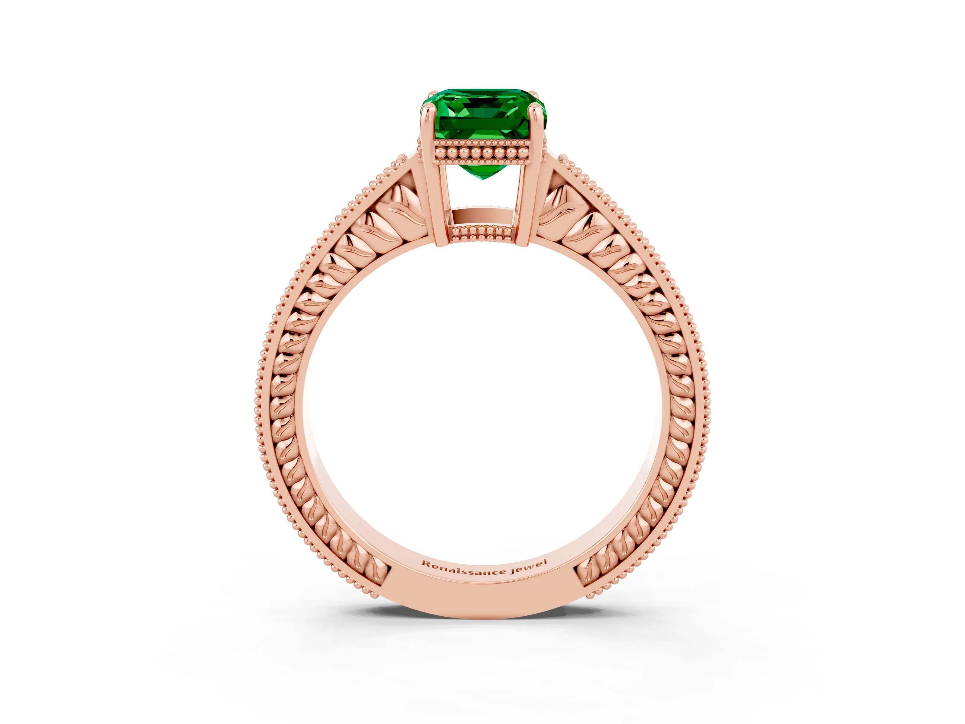 Rose gold Emerald Cut Emerald Ring with Milgrain Pavé Band and Four-Prong Setting_15