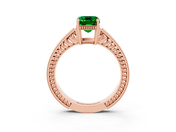 Rose gold Emerald Cut Emerald Ring with Milgrain Pavé Band and Four-Prong Setting
