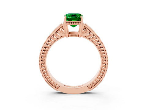 Rose gold Emerald Cut Emerald Ring with Milgrain Pavé Band and Four-Prong Setting_15