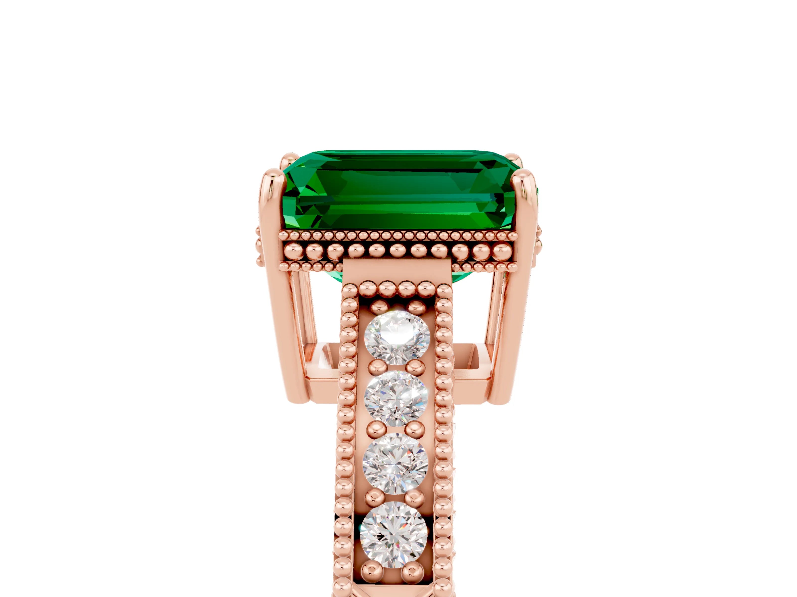 Rose gold Emerald Cut Emerald Ring with Milgrain Pavé Band and Four-Prong Setting_17