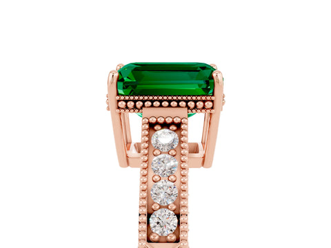 Rose gold Emerald Cut Emerald Ring with Milgrain Pavé Band and Four-Prong Setting_17