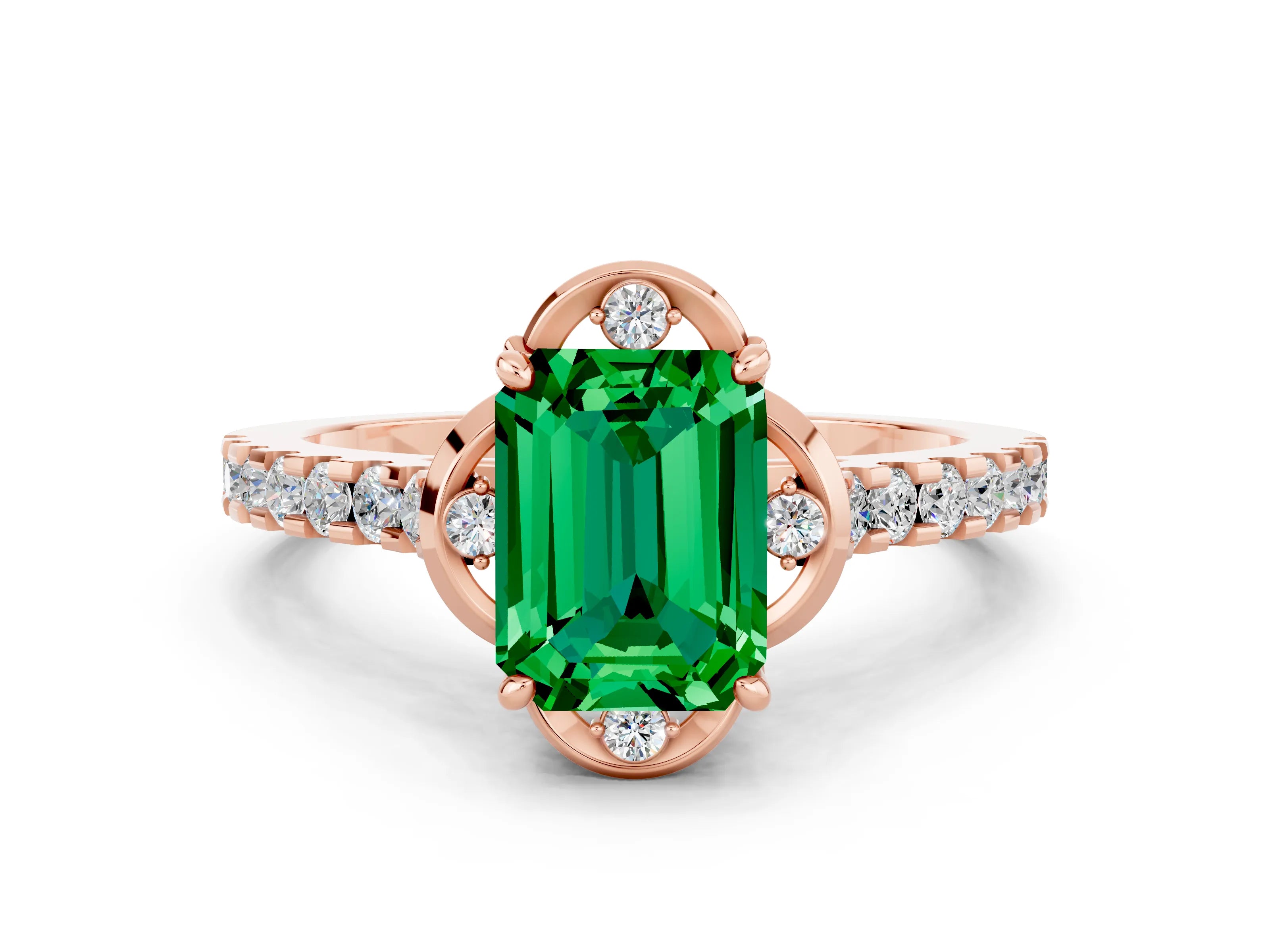 Rose gold Emerald Cut Emerald Ring with Pavé Band and Floral Prong Setting