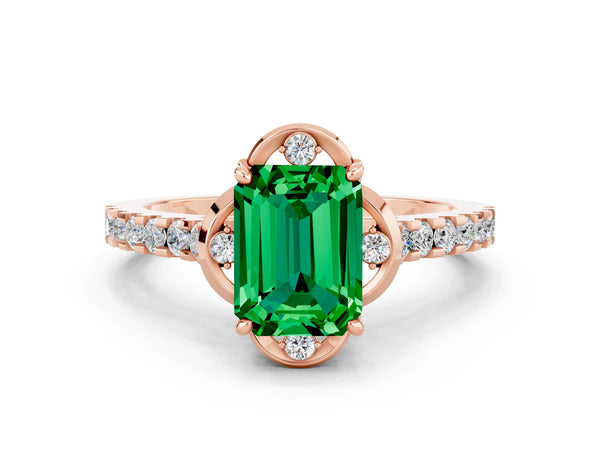 Rose gold Emerald Cut Emerald Ring with Pavé Band and Floral Prong Setting