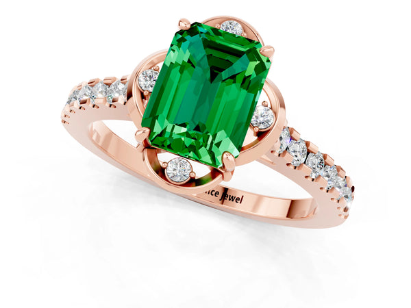 Rose gold Emerald Cut Emerald Ring with Pavé Band and Floral Prong Setting