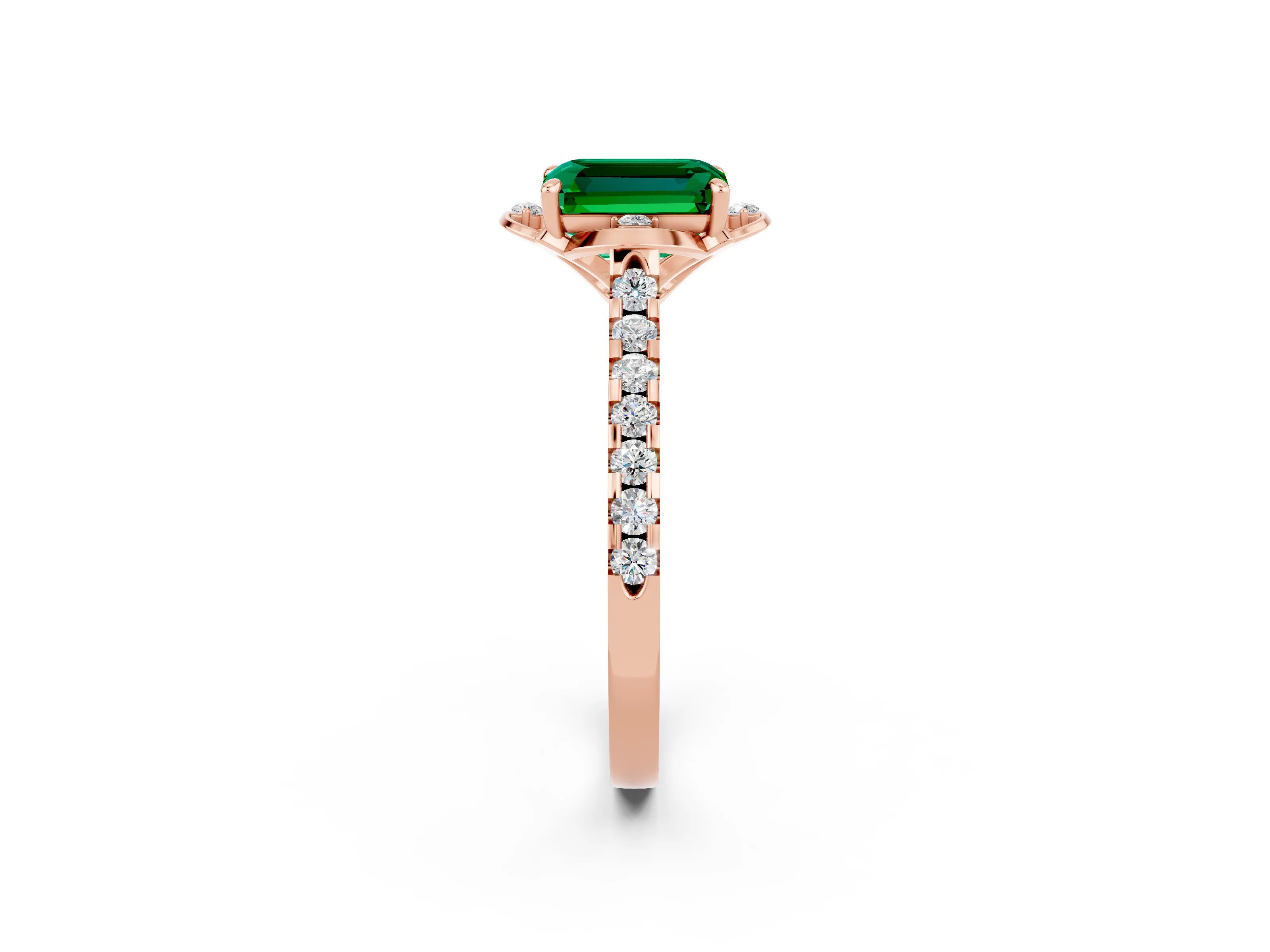 Rose gold Emerald Cut Emerald Ring with Pavé Band and Floral Prong Setting_2