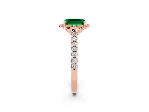 Rose gold Emerald Cut Emerald Ring with Pavé Band and Floral Prong Setting