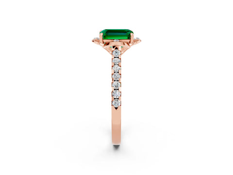 Rose gold Emerald Cut Emerald Ring with Pavé Band and Floral Prong Setting_2
