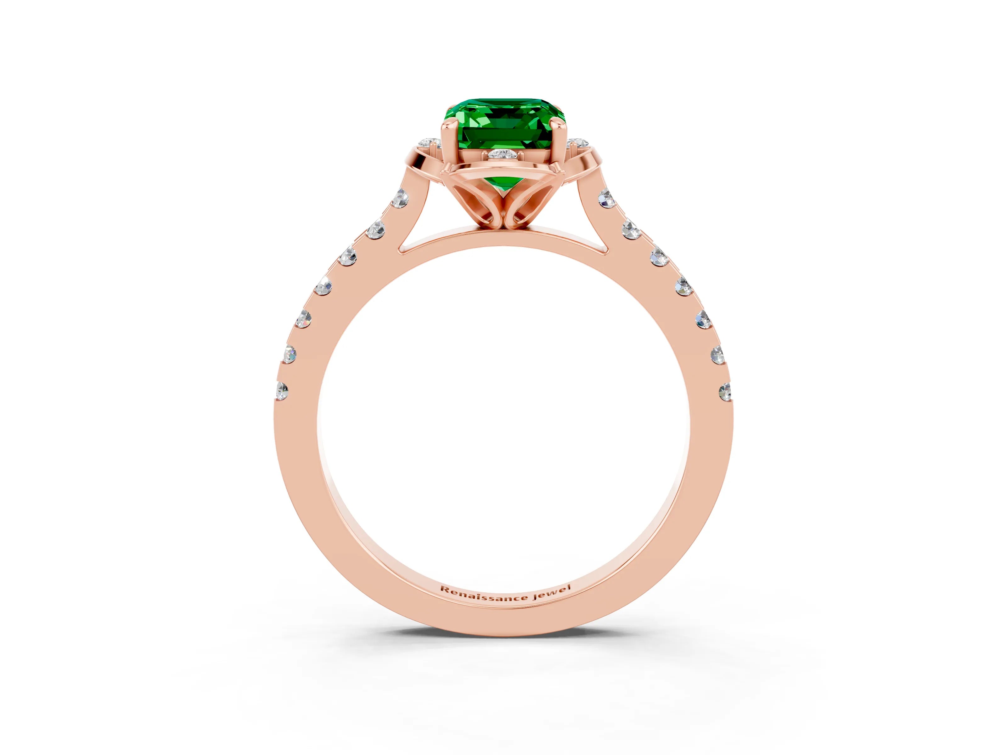 Rose gold Emerald Cut Emerald Ring with Pavé Band and Floral Prong Setting_3