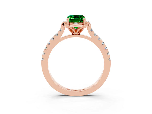 Rose gold Emerald Cut Emerald Ring with Pavé Band and Floral Prong Setting