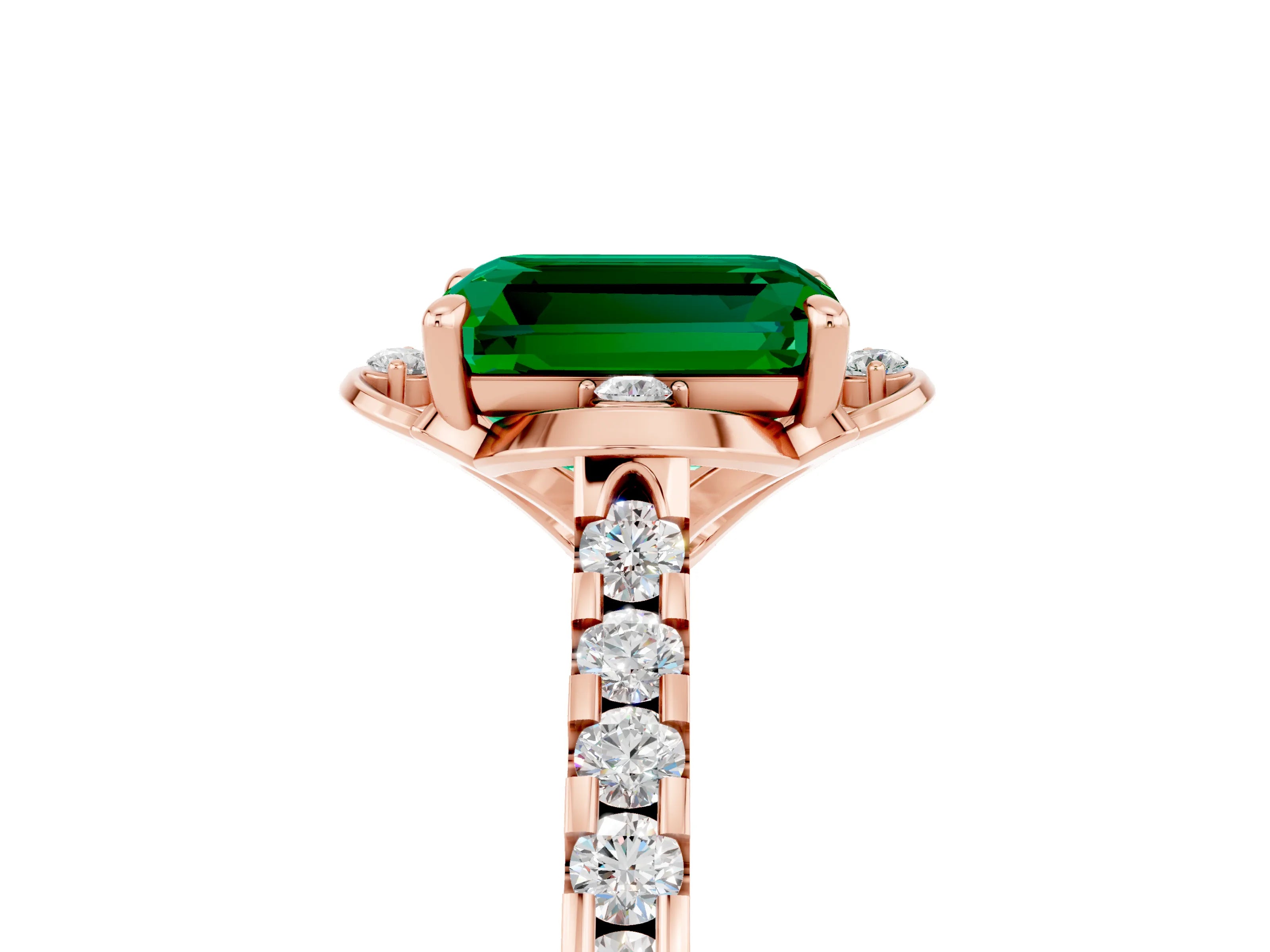 Rose gold Emerald Cut Emerald Ring with Pavé Band and Floral Prong Setting_5