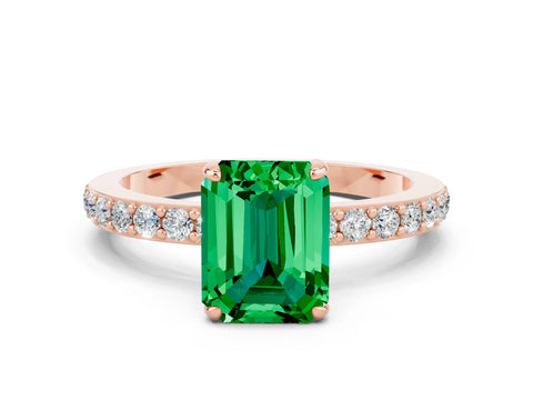 Rose gold Emerald Cut Emerald Ring with Pavé Band and Four-Prong Setting
