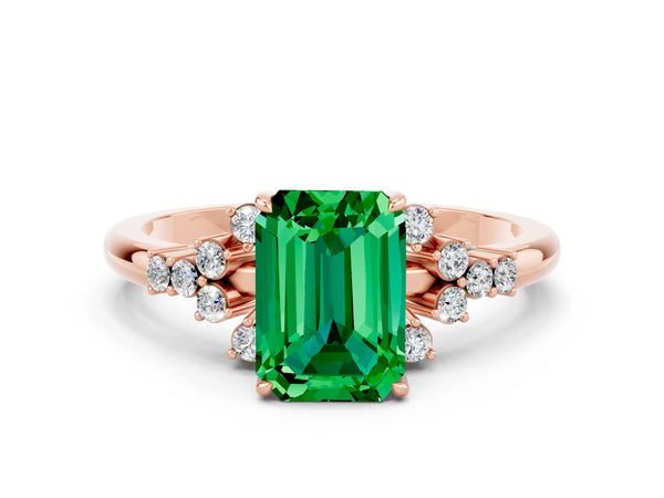 Rose gold Emerald Cut Emerald Ring with Side Stones and Four-Prong Setting