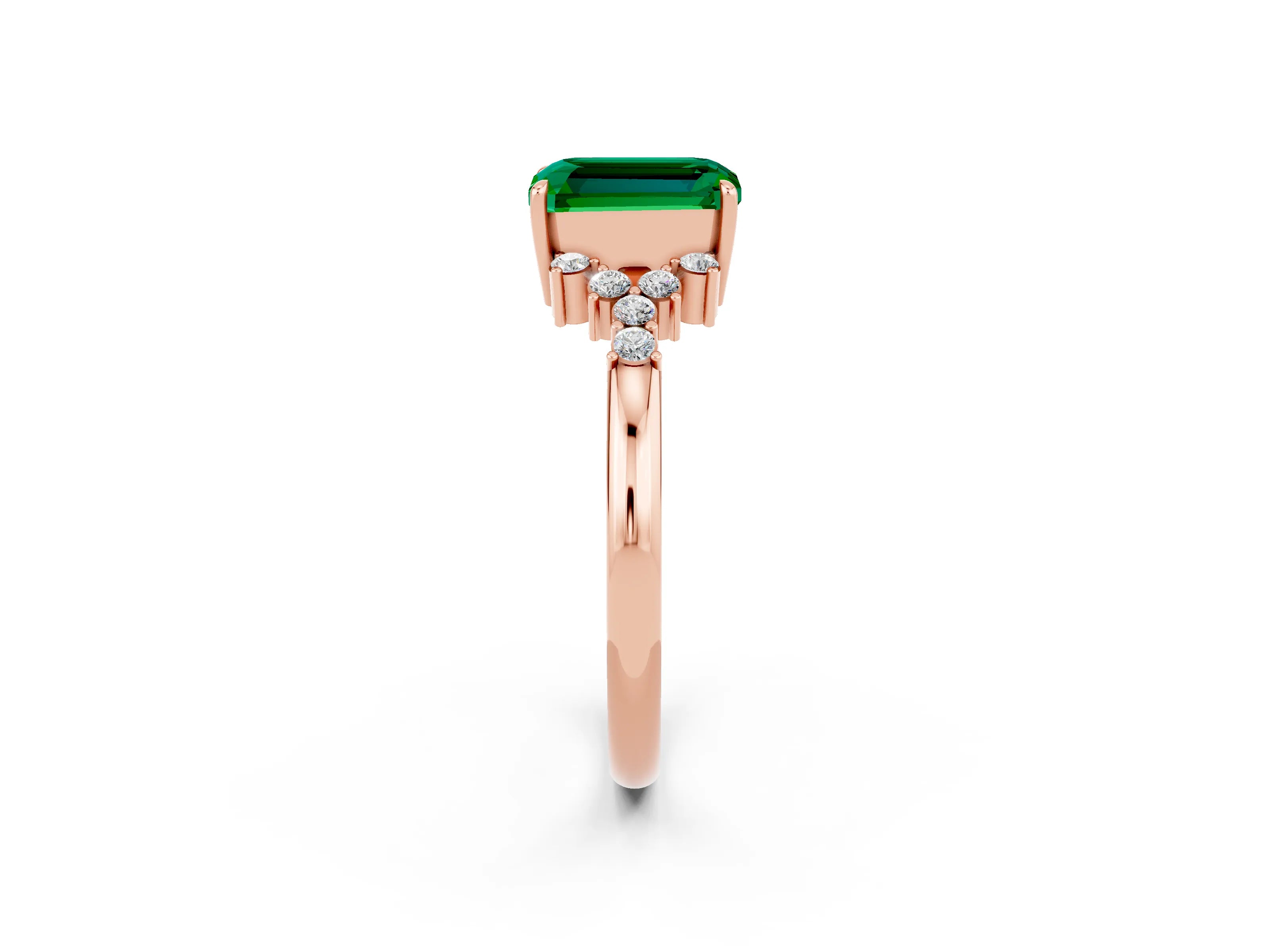 Rose gold Emerald Cut Emerald Ring with Side Stones and Four-Prong Setting_38