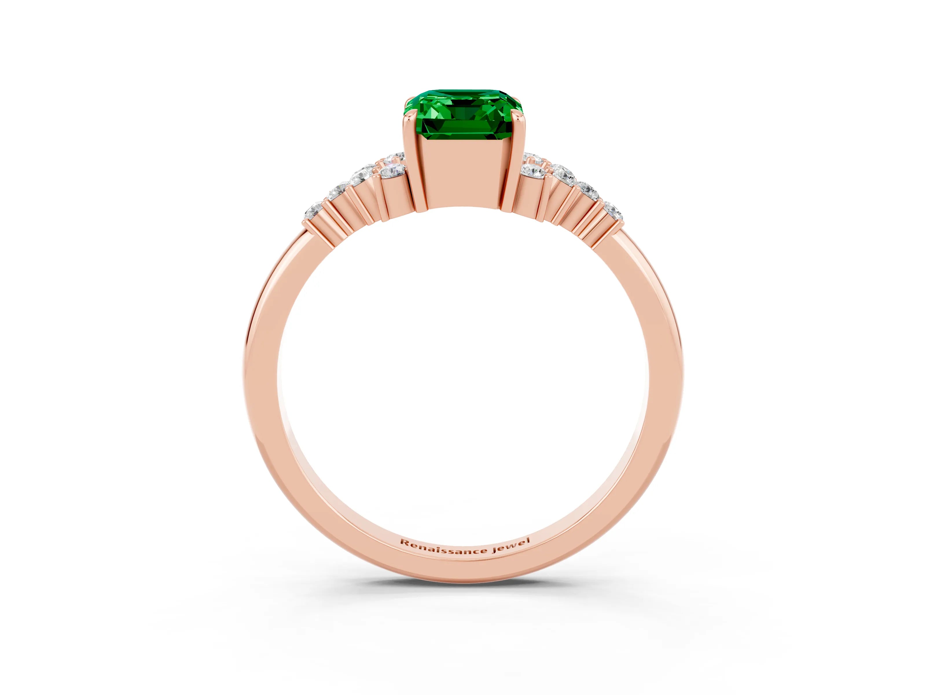 Rose gold Emerald Cut Emerald Ring with Side Stones and Four-Prong Setting_39